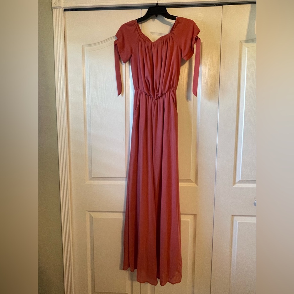Gianni Bini Peach Maxi Off the Shoulder Flutter Sleeve Jumpsuit